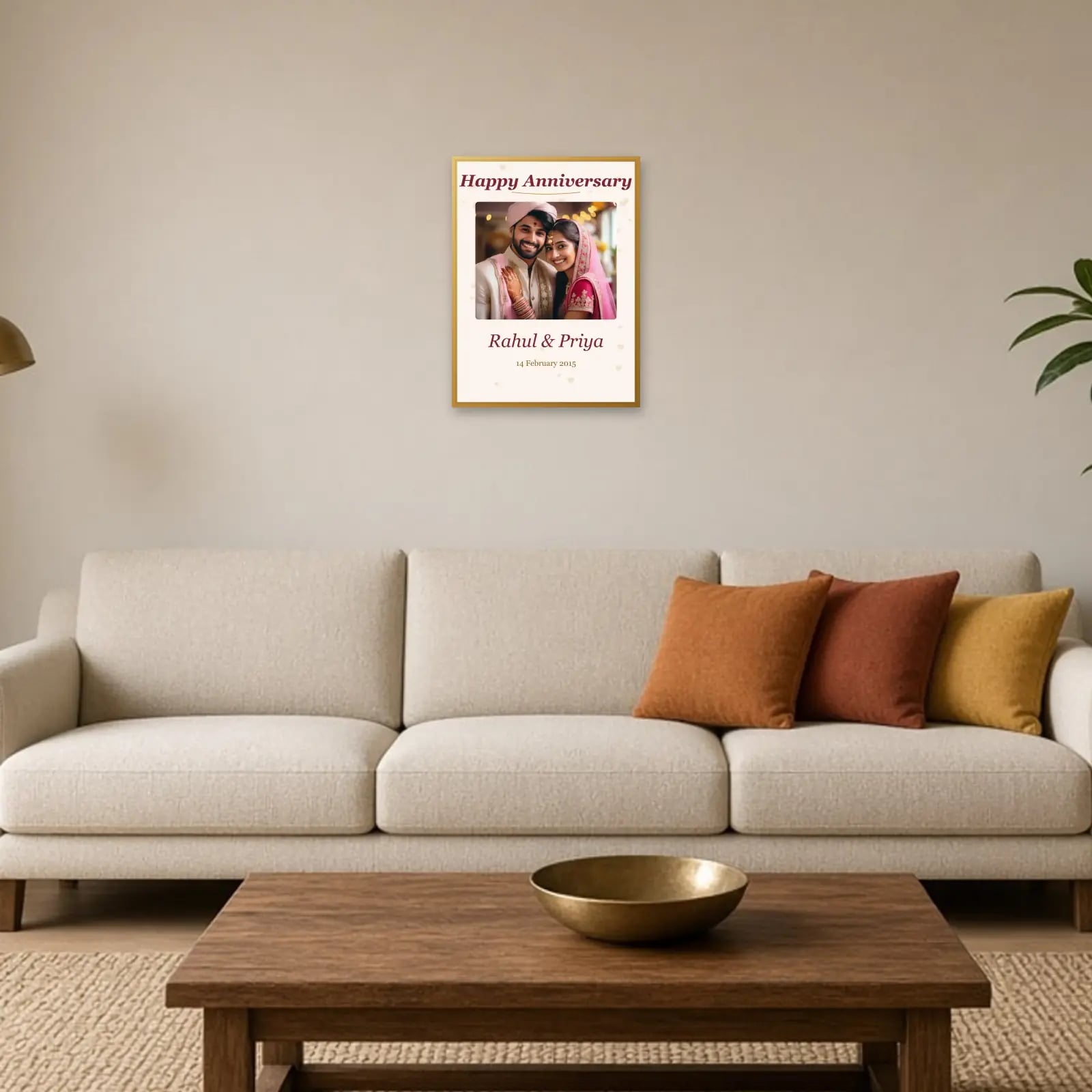 Happy Anniversary Frame with Names & Date above a sofa