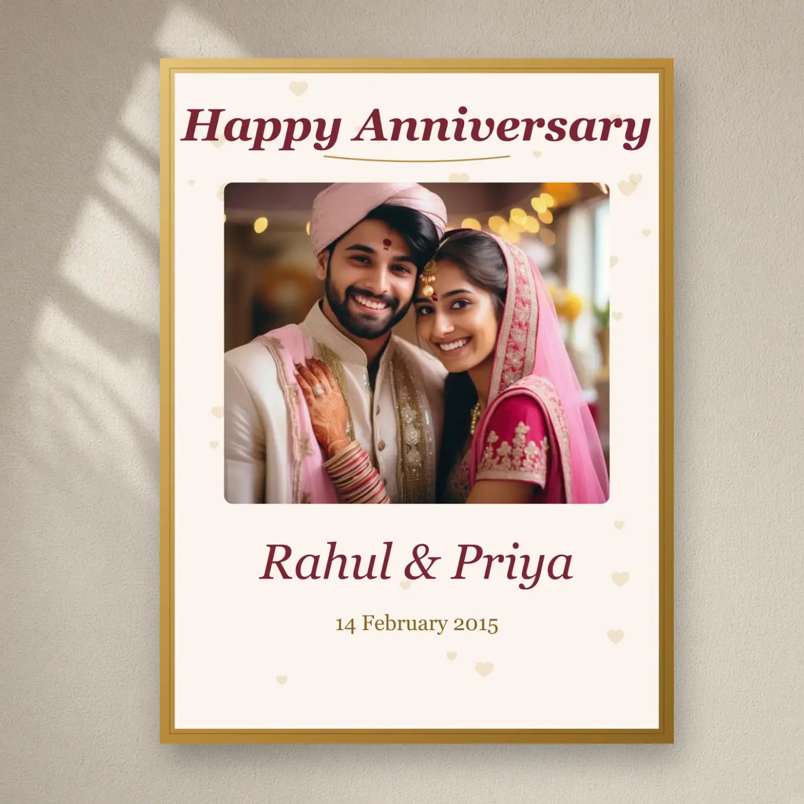 Happy Anniversary Frame with Names & Date on a plain wall