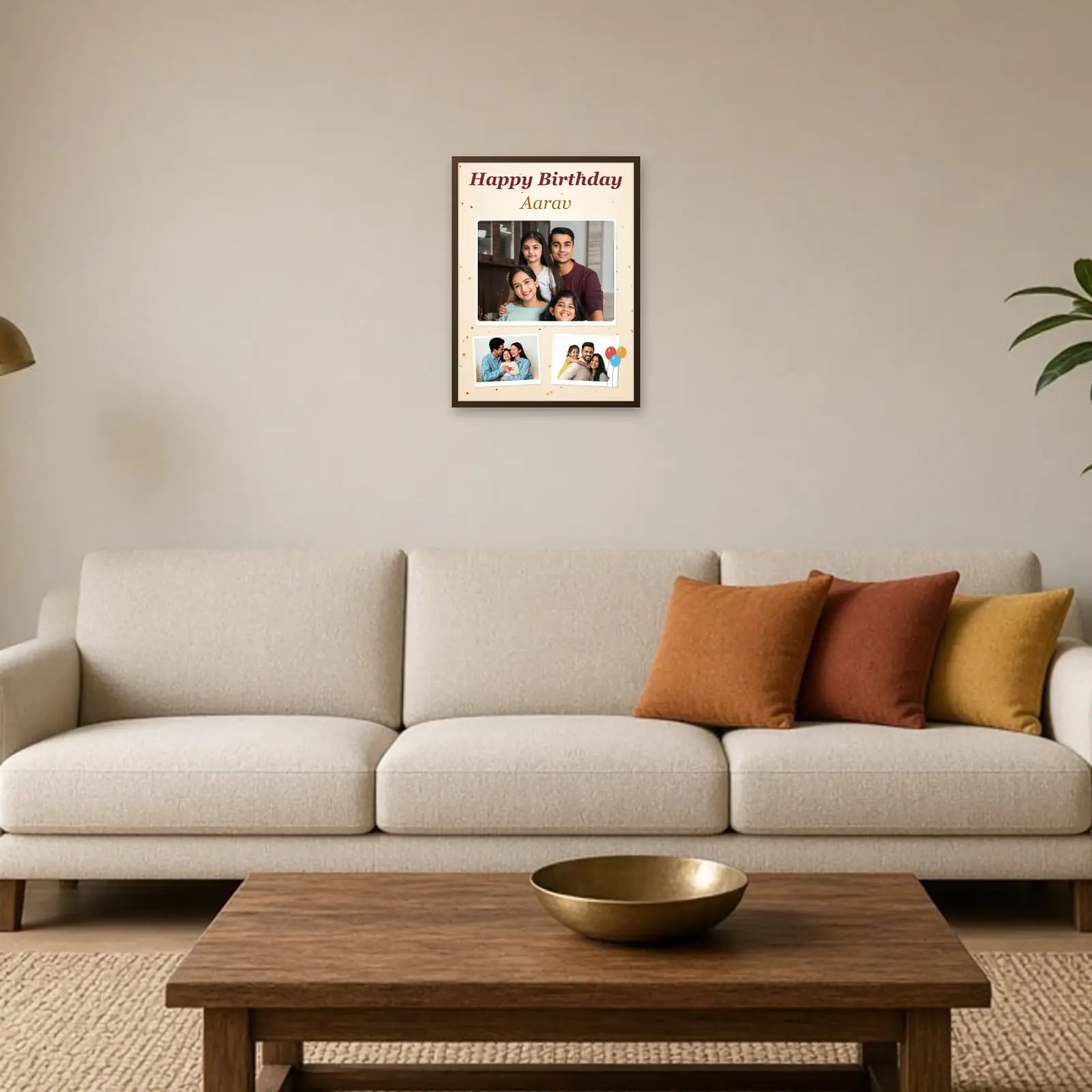 Happy Birthday Frame with Name above a sofa