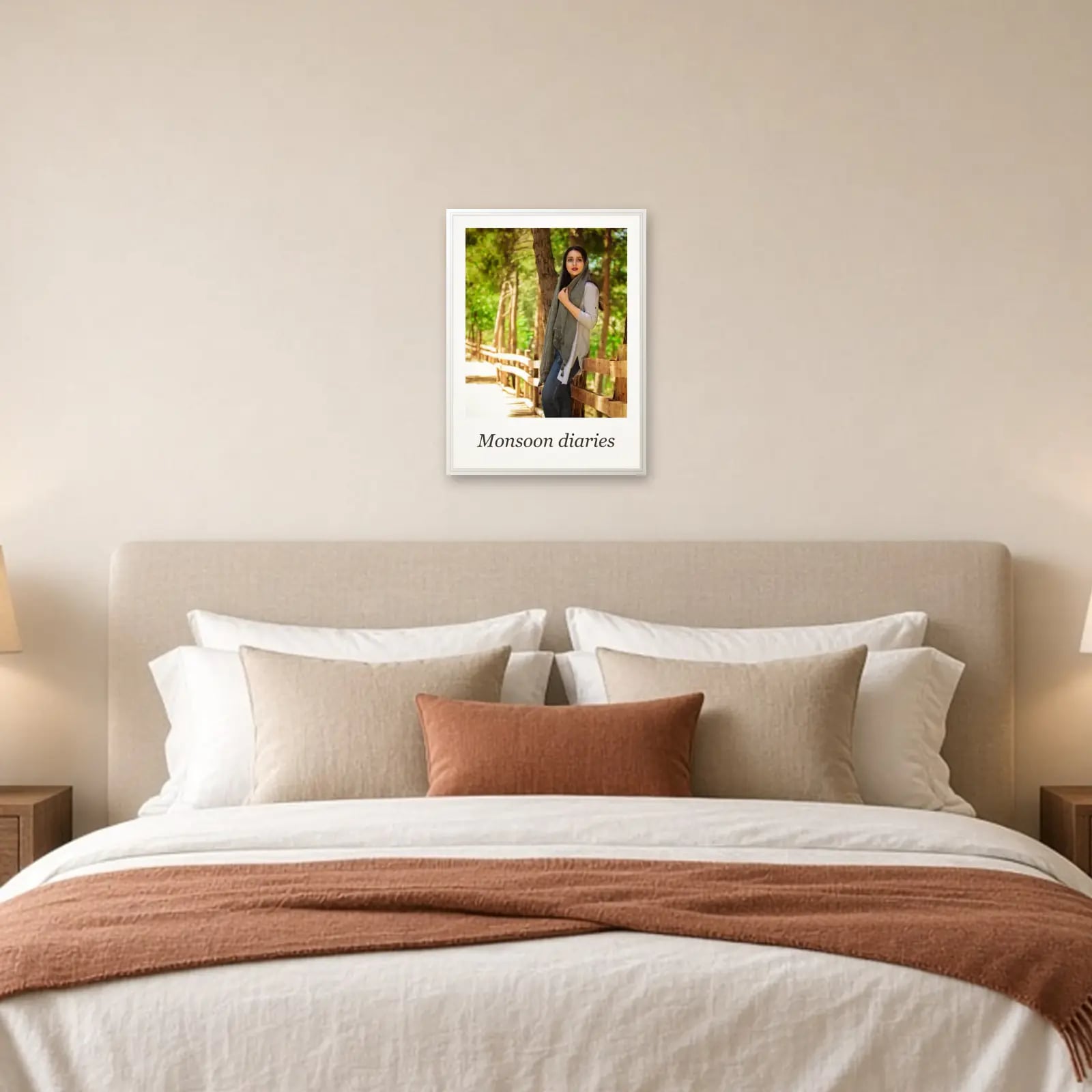 Polaroid Photo Frame with Caption above a bed