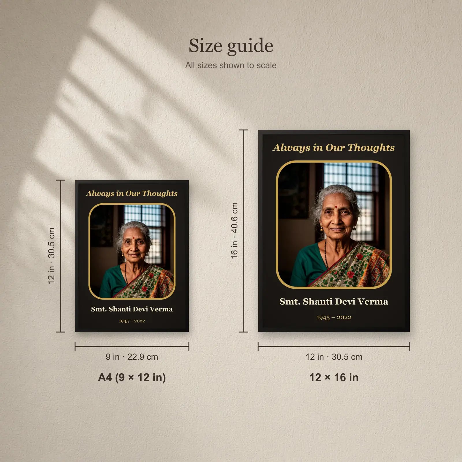 Always in Our Thoughts Memorial Frame size guide: A4 (9 × 12 in), 12 × 16 in
