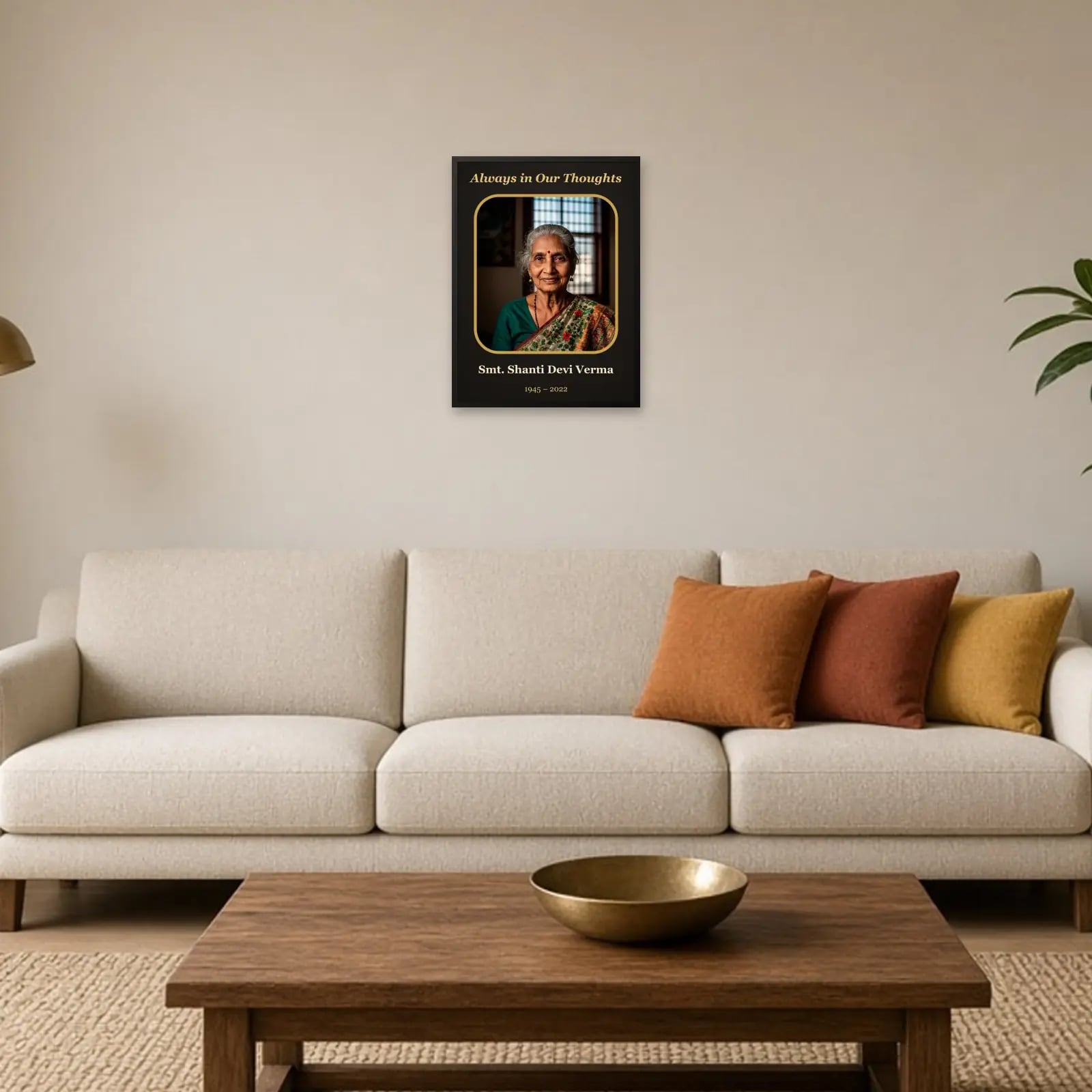 Always in Our Thoughts Memorial Frame above a sofa