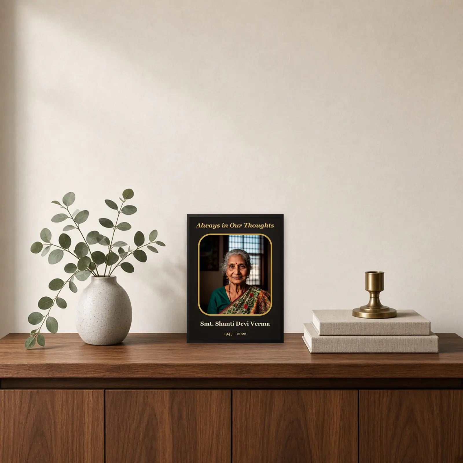 Always in Our Thoughts Memorial Frame standing on a sideboard