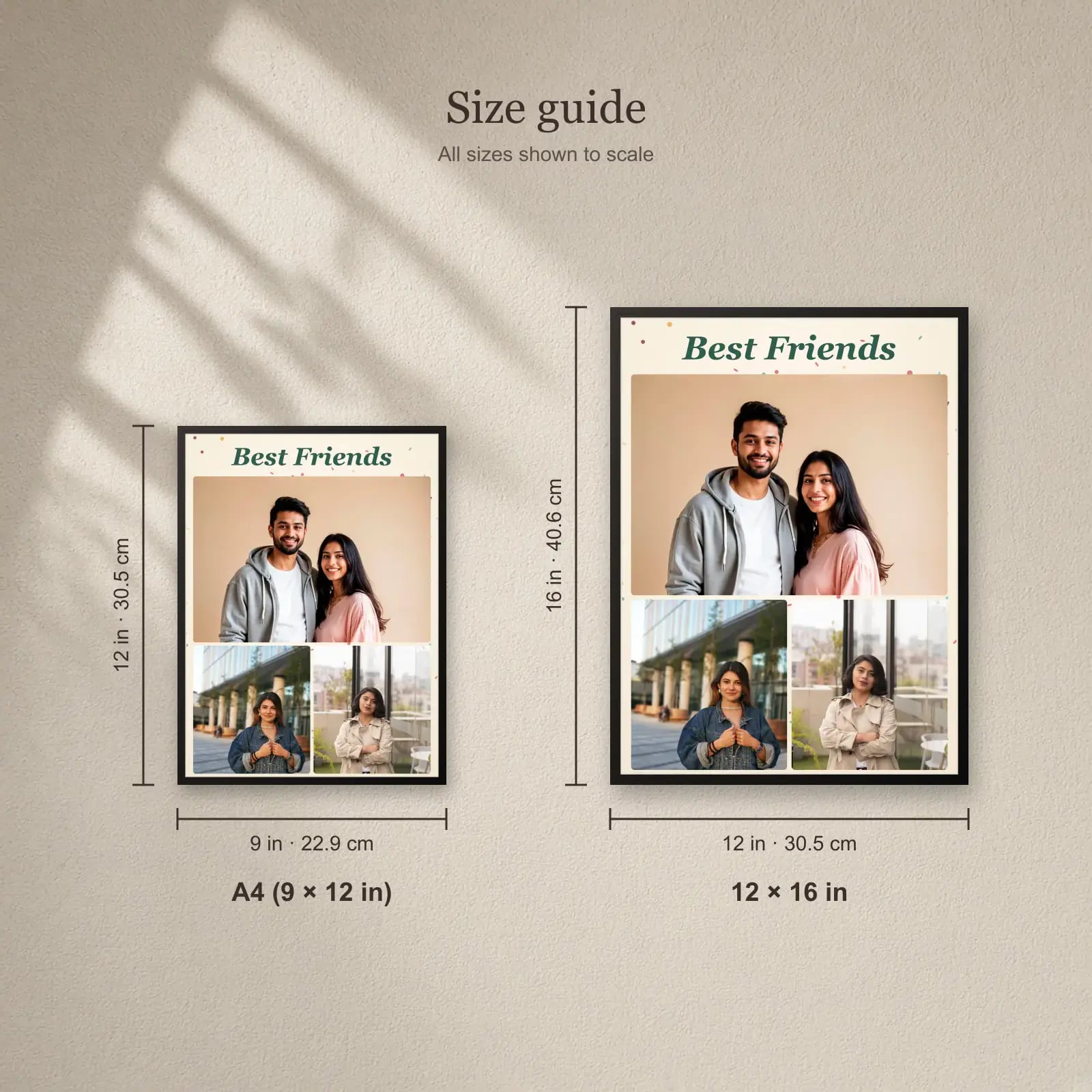 Best Friends Collage Frame — 3 Photos size guide: A4 (9 × 12 in), 12 × 16 in