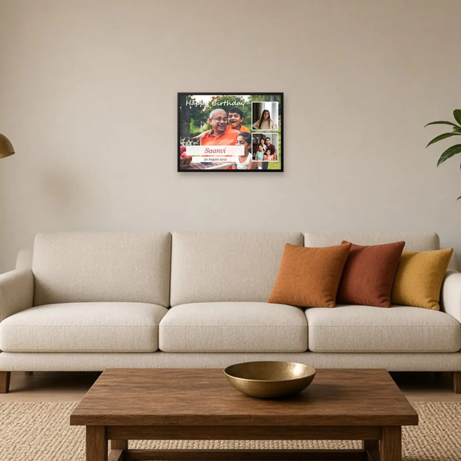 Happy Birthday Landscape Frame — 3 Photos above a sofa
