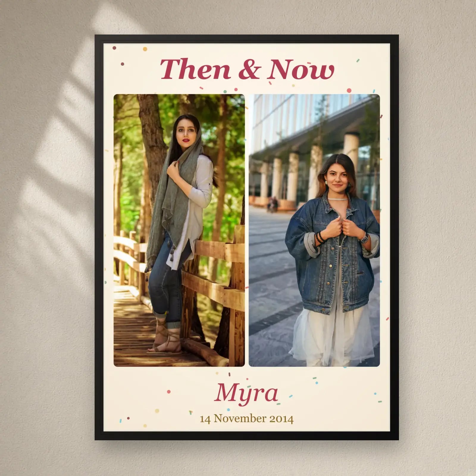 Birthday Then & Now Frame on a plain wall