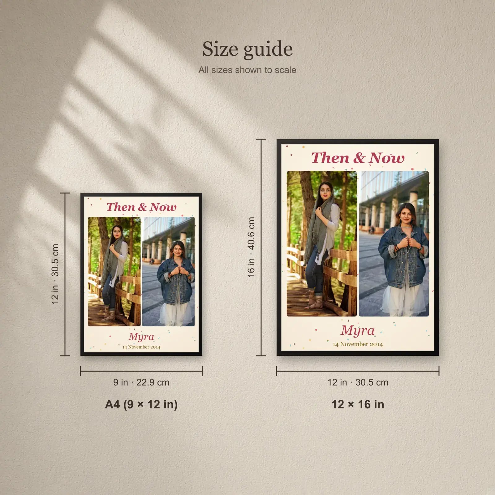 Birthday Then & Now Frame size guide: A4 (9 × 12 in), 12 × 16 in