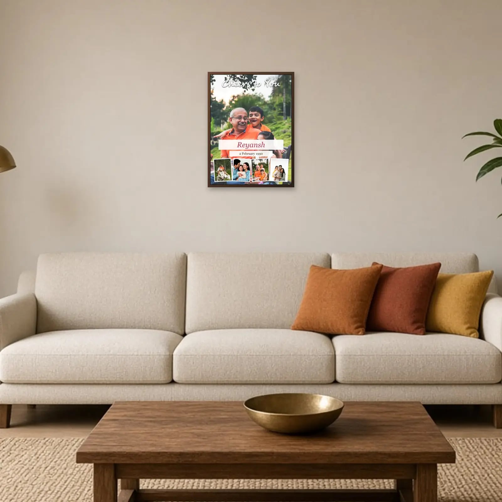 Cheers to You Birthday Frame — 5 Photos above a sofa
