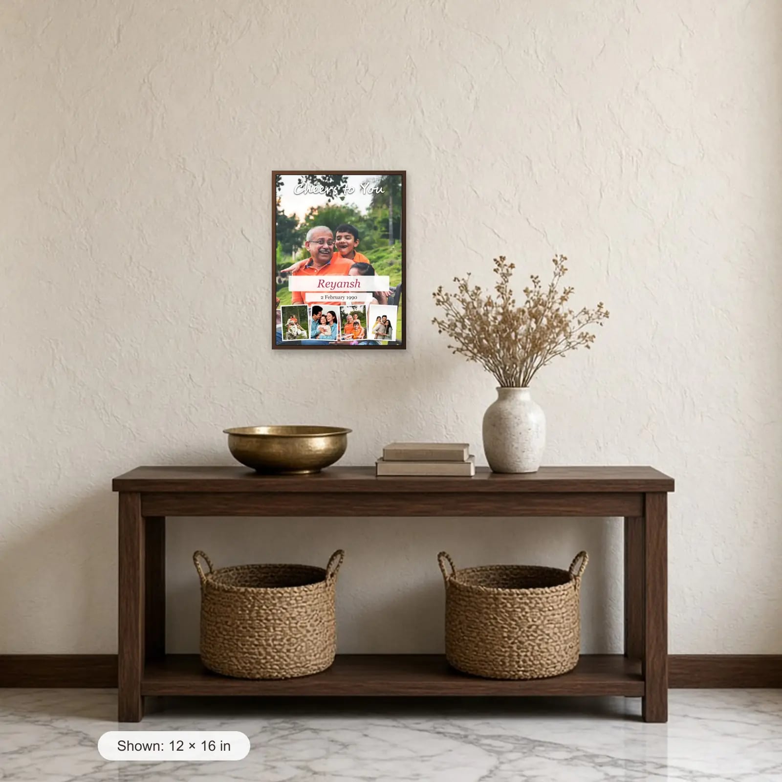 Cheers to You Birthday Frame — 5 Photos above a console table