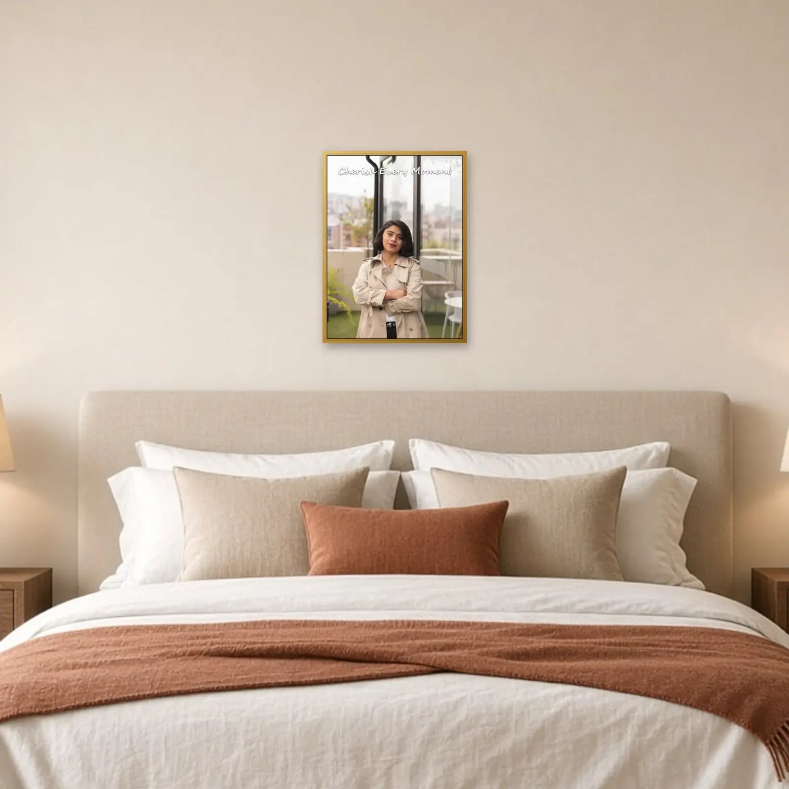 Cherish Every Moment Photo Frame above a bed
