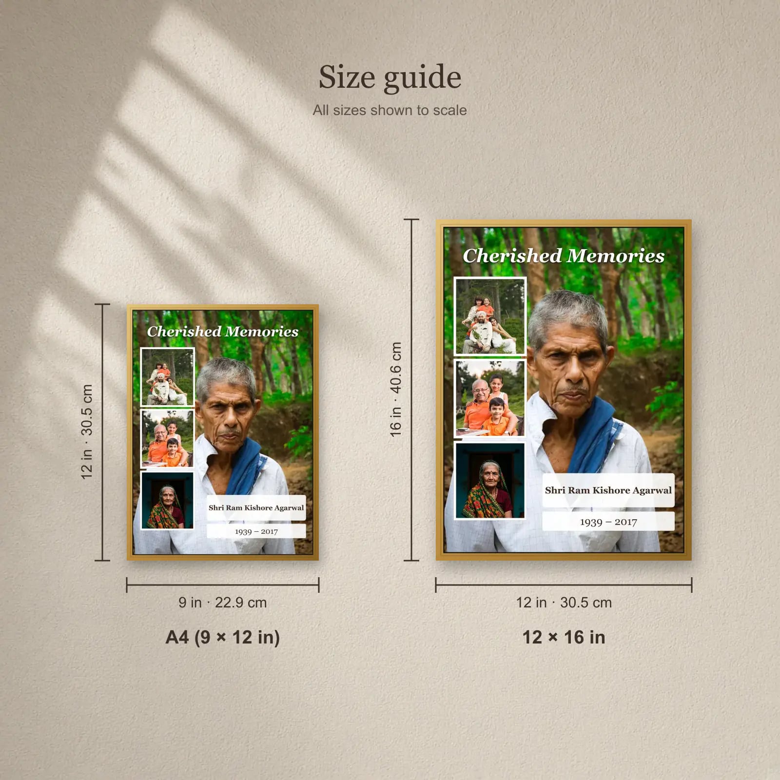 Cherished Memories Memorial Frame — 4 Photos size guide: A4 (9 × 12 in), 12 × 16 in