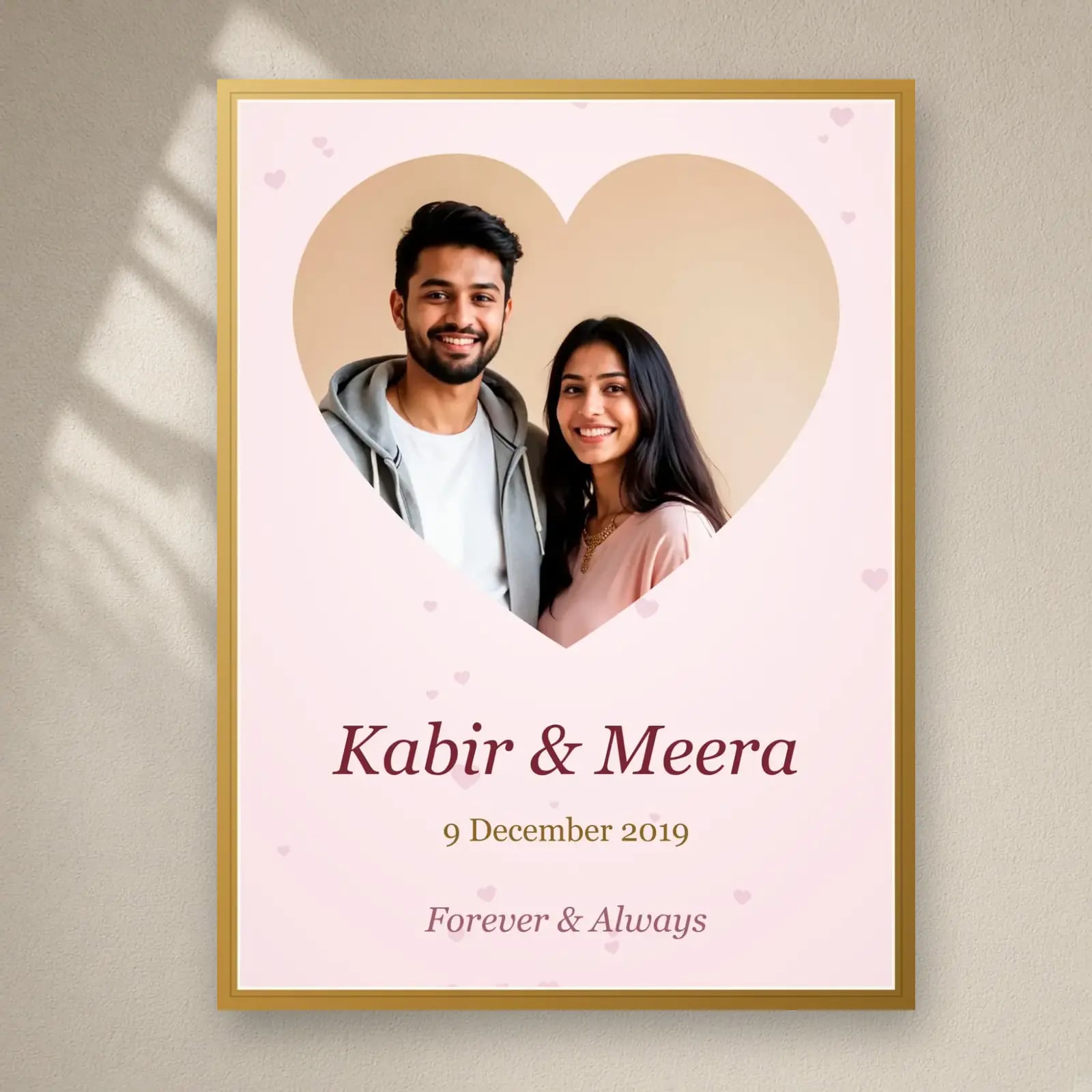 Couple Big Heart Frame with Names & Date on a plain wall