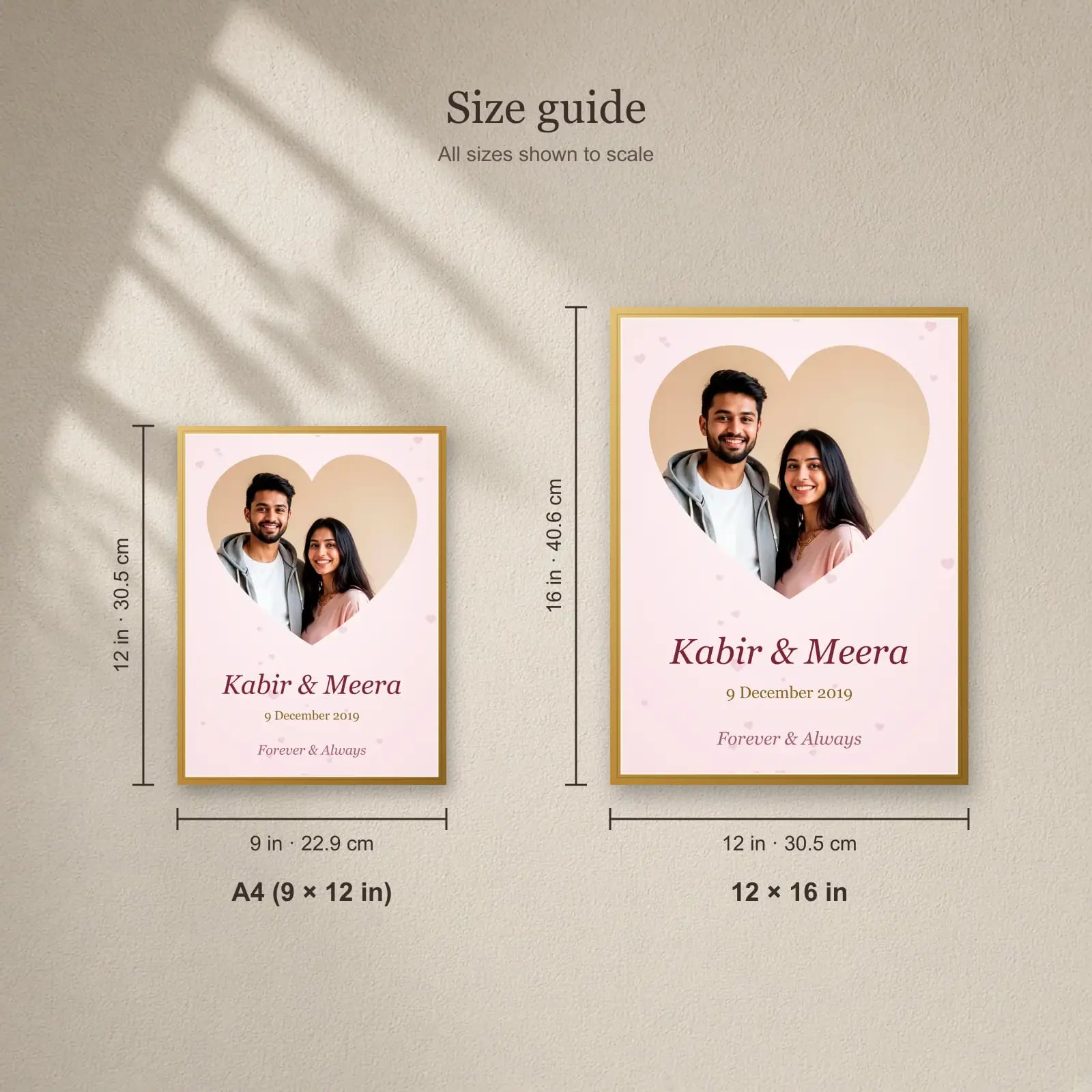 Couple Big Heart Frame with Names & Date size guide: A4 (9 × 12 in), 12 × 16 in