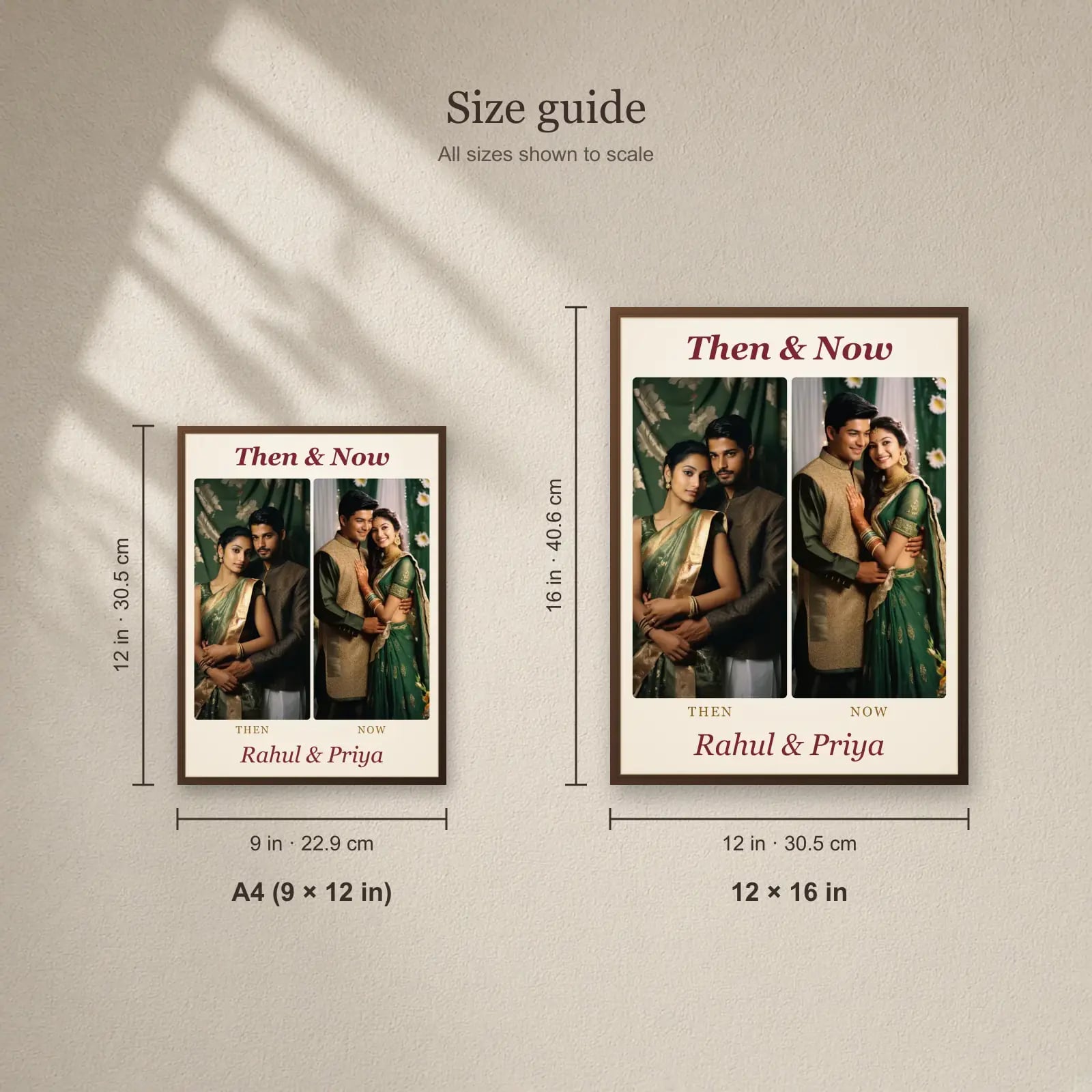 Couple Then & Now Frame — 2 Photos size guide: A4 (9 × 12 in), 12 × 16 in