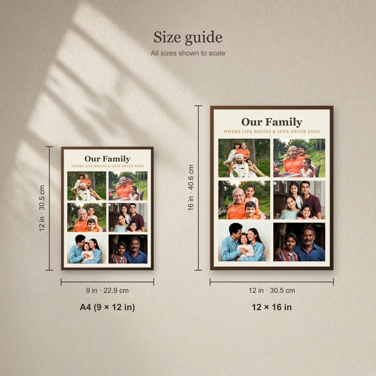 Family Grid Collage Frame — 6 Photos size guide: A4 (9 × 12 in), 12 × 16 in