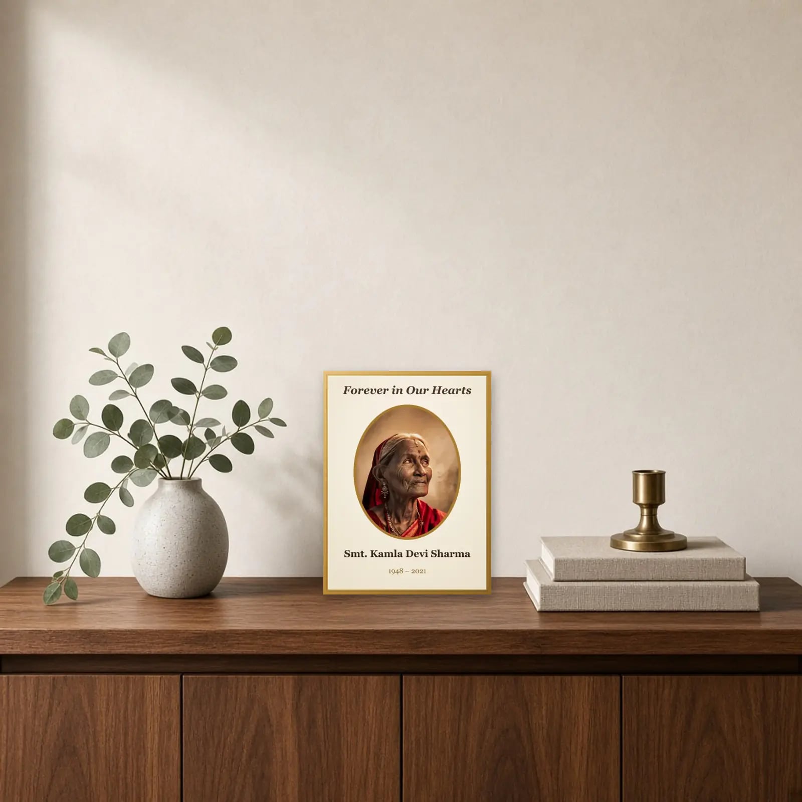 Forever in Our Hearts Memorial Frame standing on a sideboard