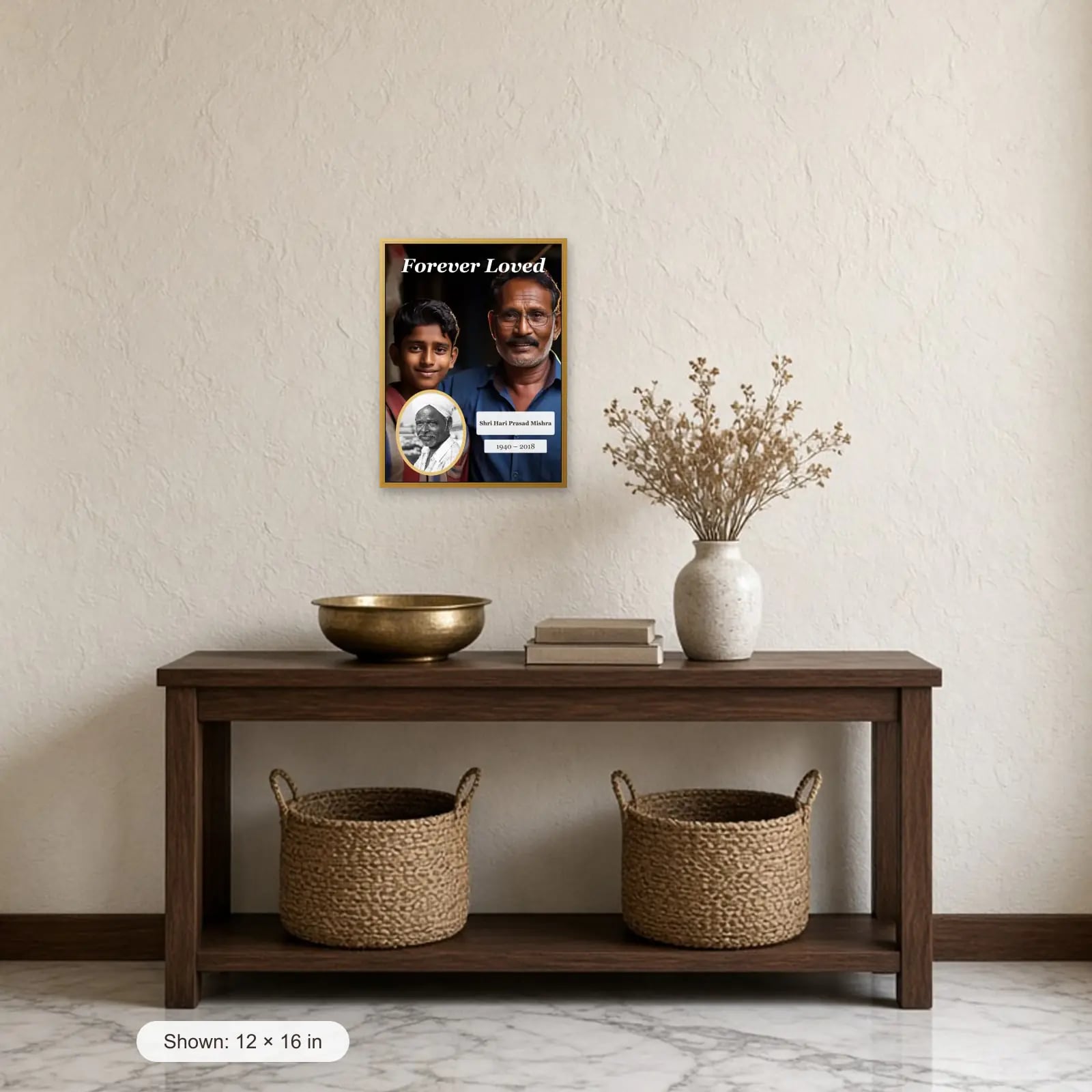 Forever Loved Memorial Frame above a console table