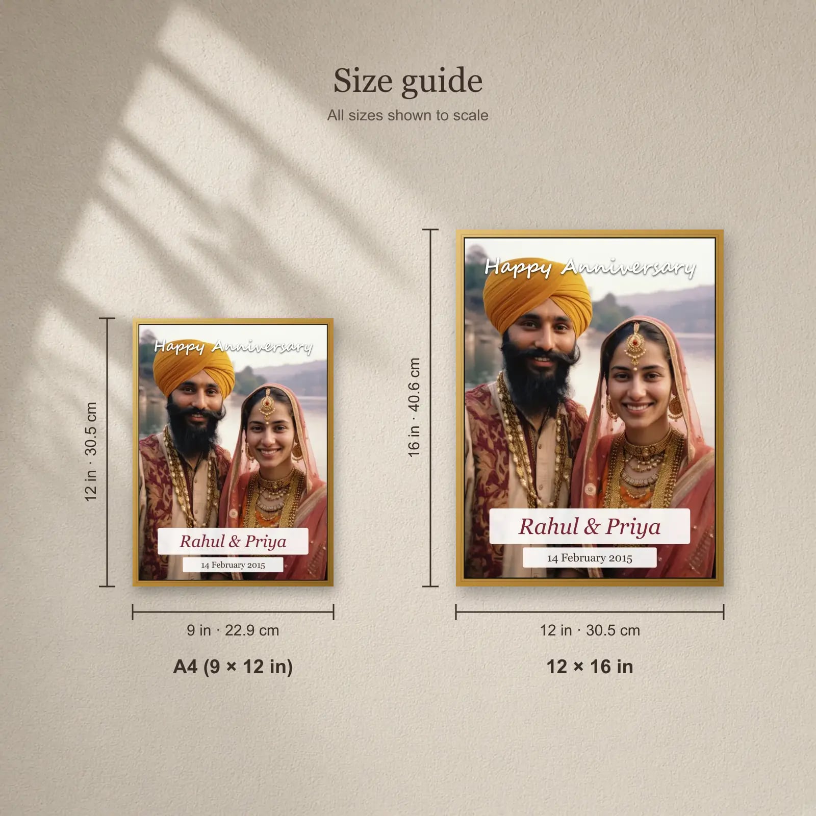 Golden Moments Anniversary Frame size guide: A4 (9 × 12 in), 12 × 16 in