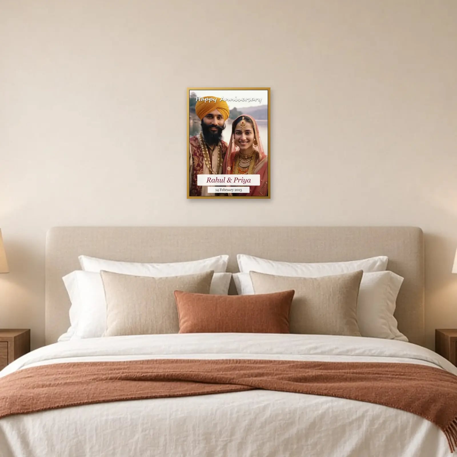 Golden Moments Anniversary Frame above a bed