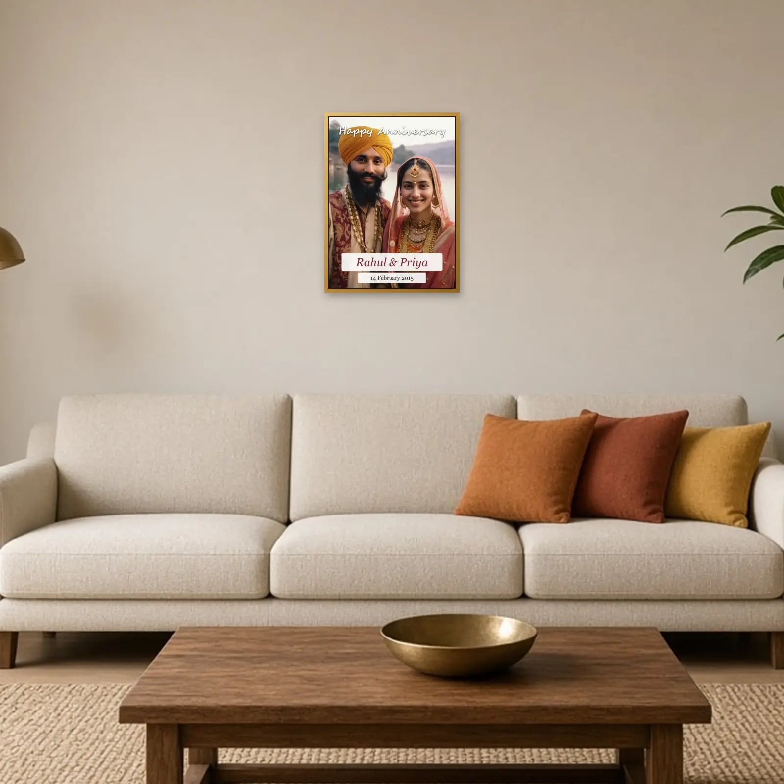 Golden Moments Anniversary Frame above a sofa