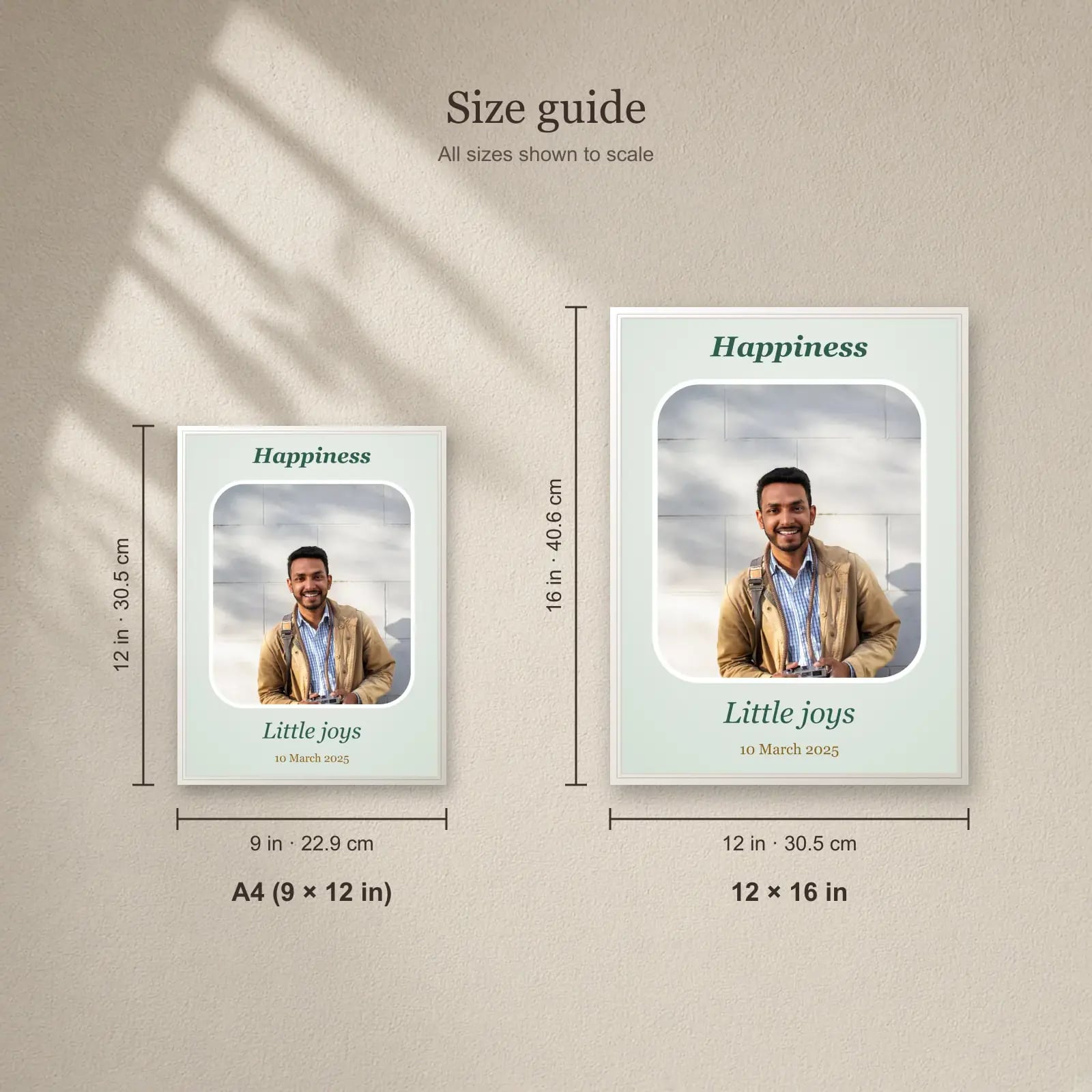 Happiness Rounded Photo Frame size guide: A4 (9 × 12 in), 12 × 16 in