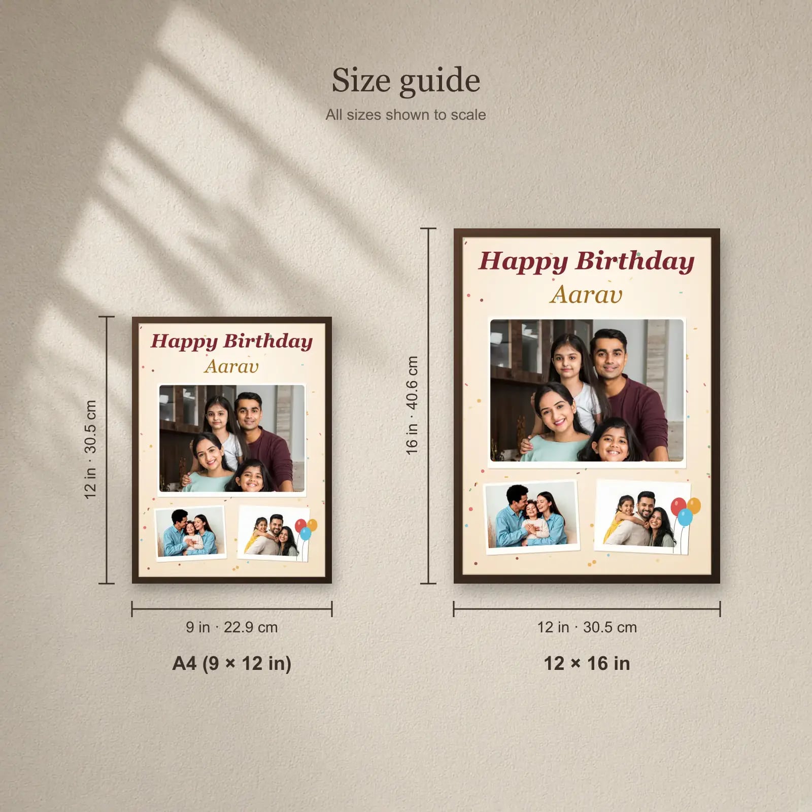 Happy Birthday Frame with Name size guide: A4 (9 × 12 in), 12 × 16 in