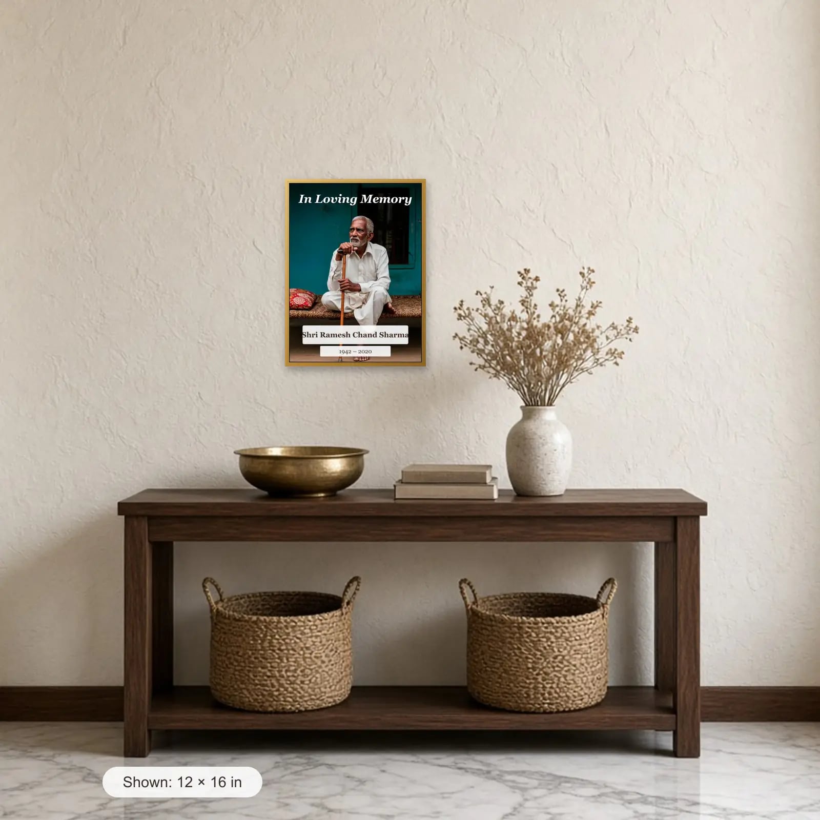 In Loving Memory Full Photo Frame above a console table