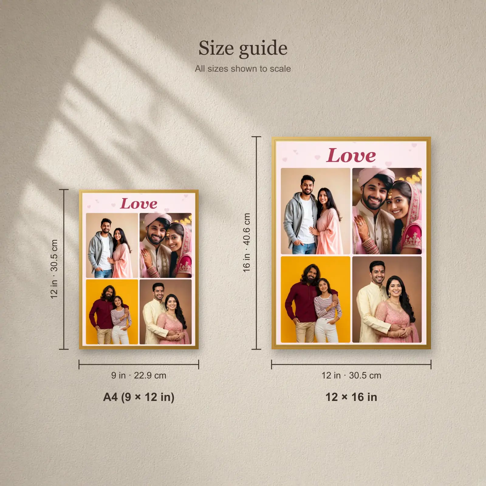 Love Collage Frame — 4 Photos size guide: A4 (9 × 12 in), 12 × 16 in
