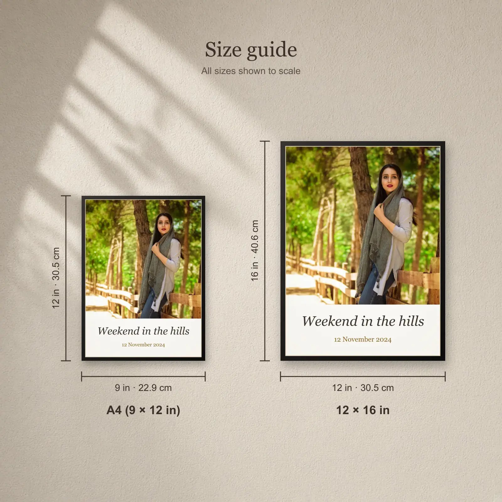 Magazine Style Photo Frame size guide: A4 (9 × 12 in), 12 × 16 in
