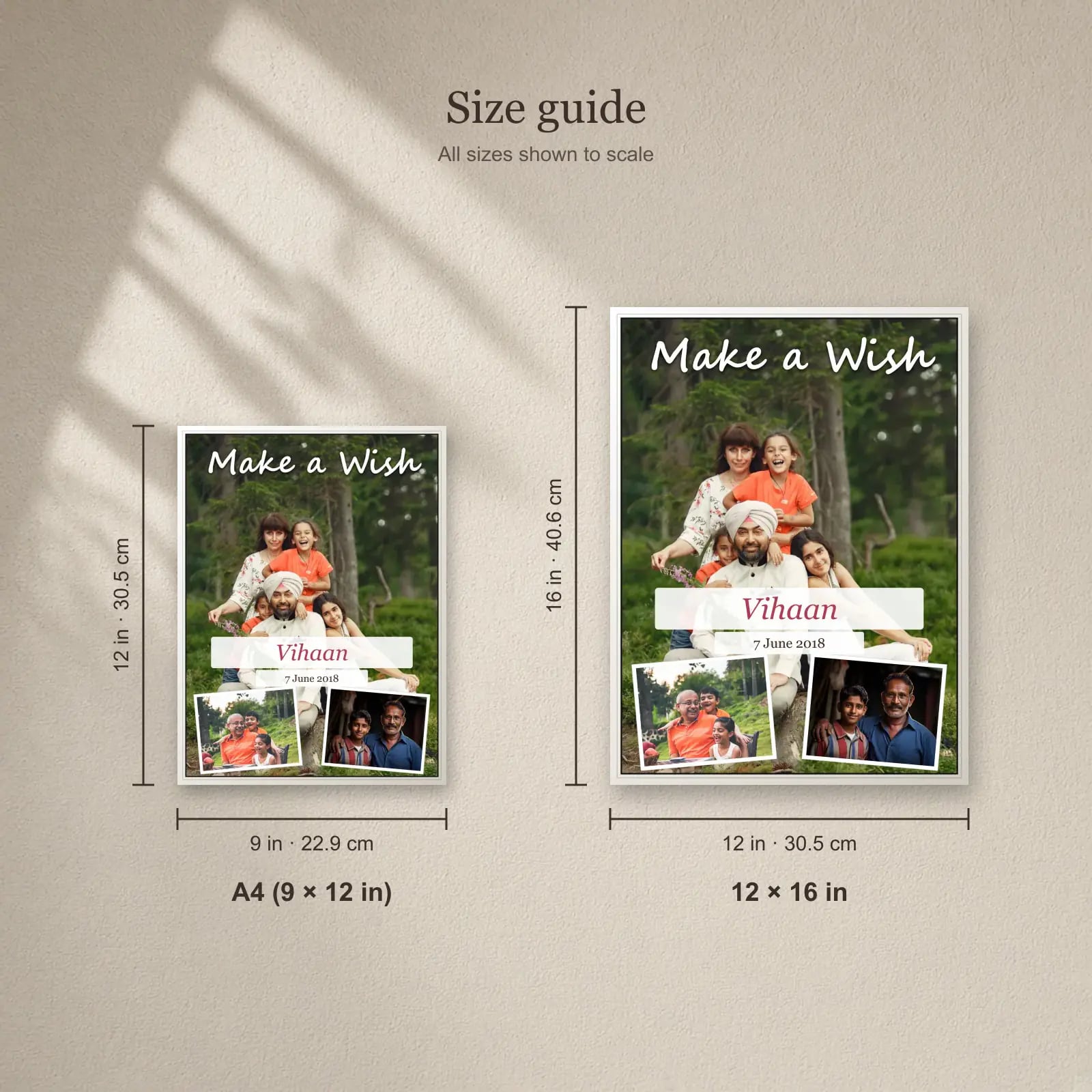 Make a Wish Birthday Frame — 3 Photos size guide: A4 (9 × 12 in), 12 × 16 in