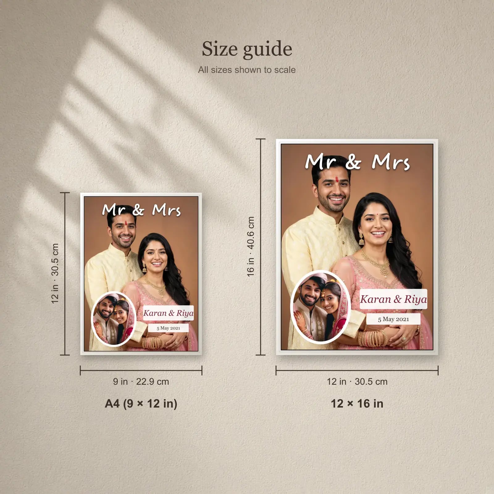 Mr & Mrs Anniversary Frame size guide: A4 (9 × 12 in), 12 × 16 in