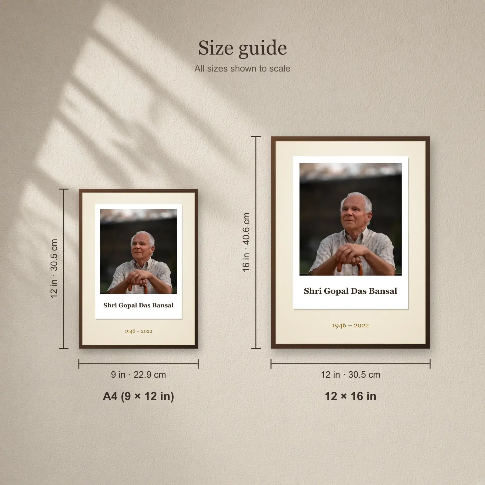 Never Forgotten Memorial Frame size guide: A4 (9 × 12 in), 12 × 16 in