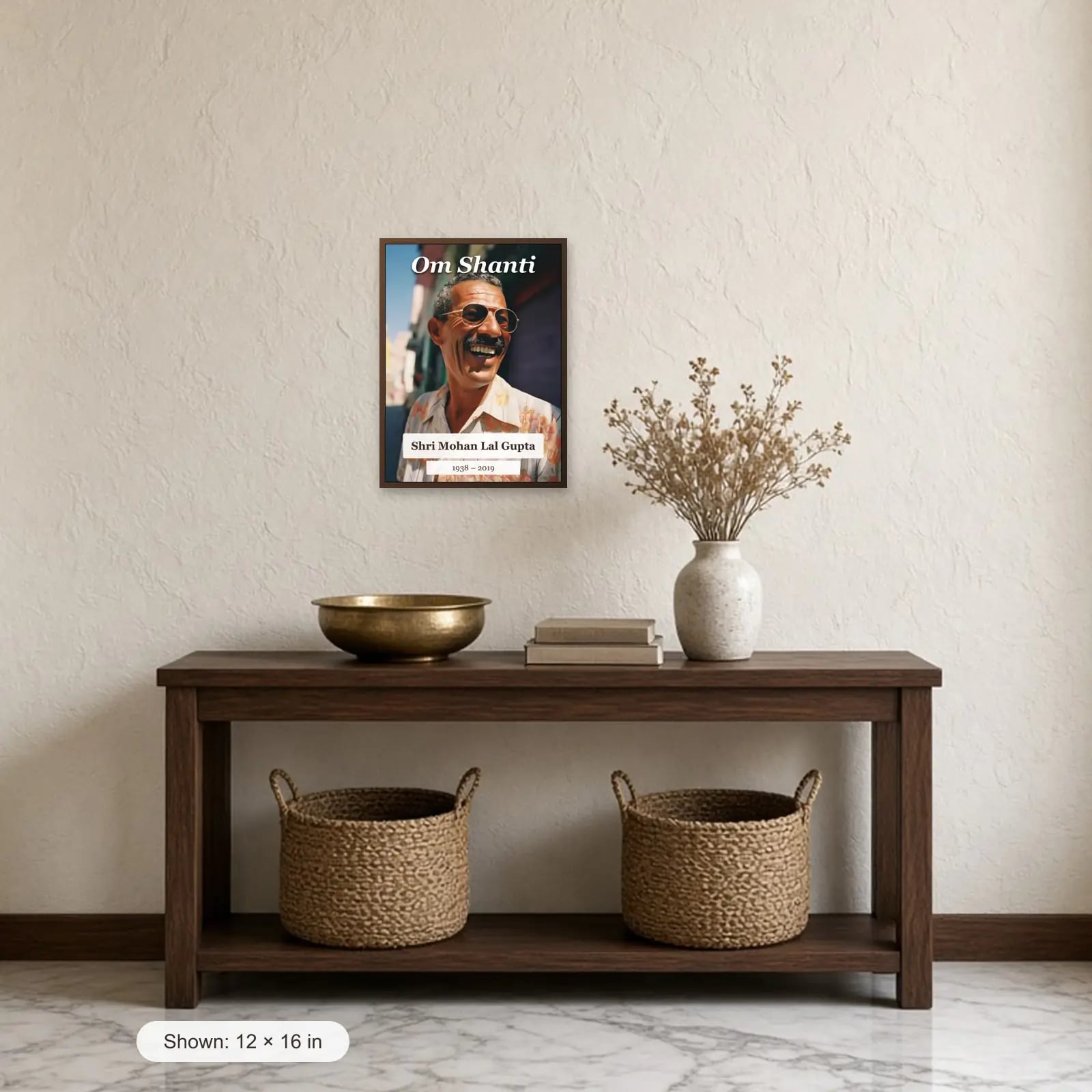 Om Shanti Memorial Frame above a console table