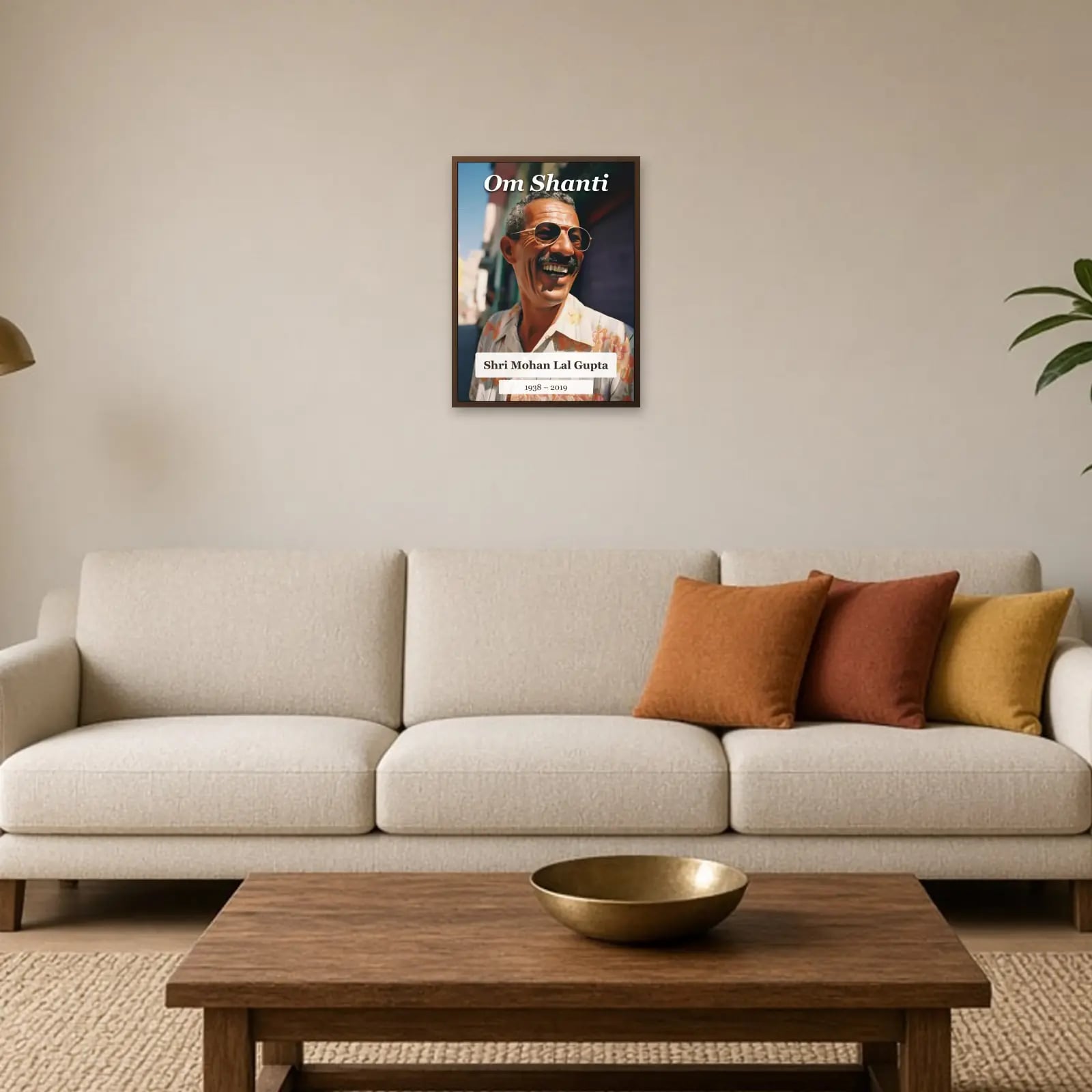 Om Shanti Memorial Frame above a sofa