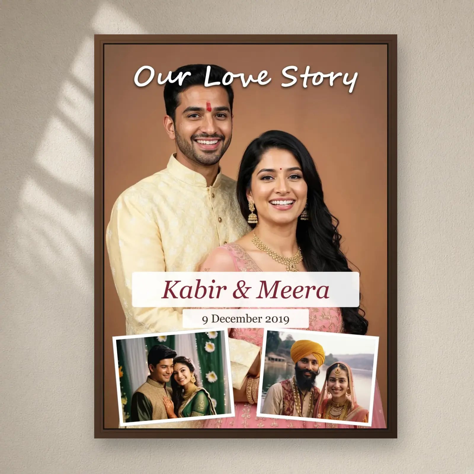 Our Love Story Anniversary Frame on a plain wall