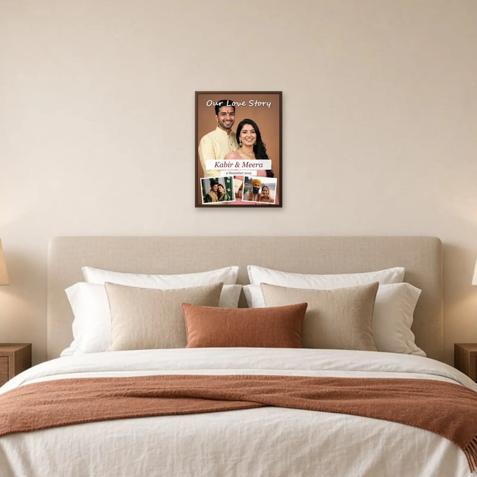 Our Love Story Anniversary Frame above a bed