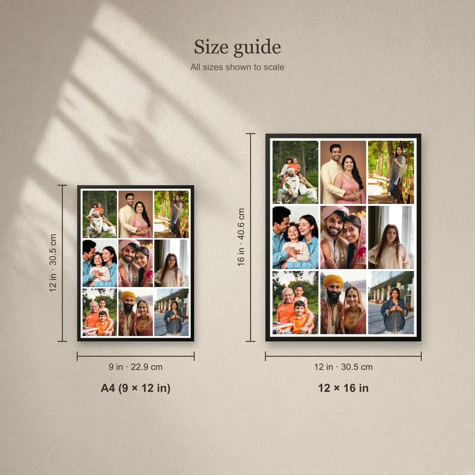 Photo Grid Collage Frame — 9 Photos size guide: A4 (9 × 12 in), 12 × 16 in
