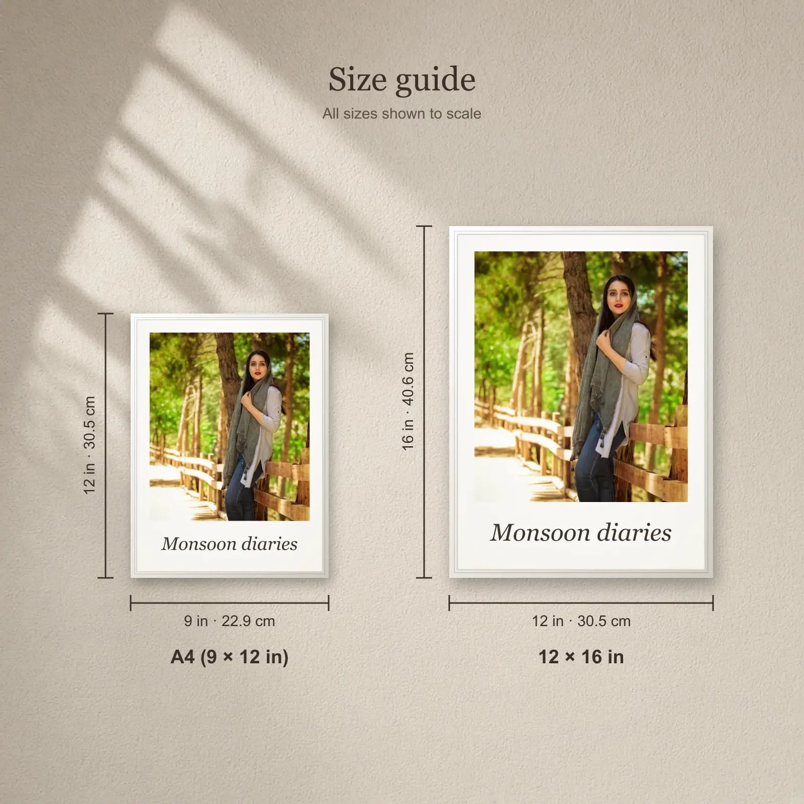 Polaroid Photo Frame with Caption size guide: A4 (9 × 12 in), 12 × 16 in