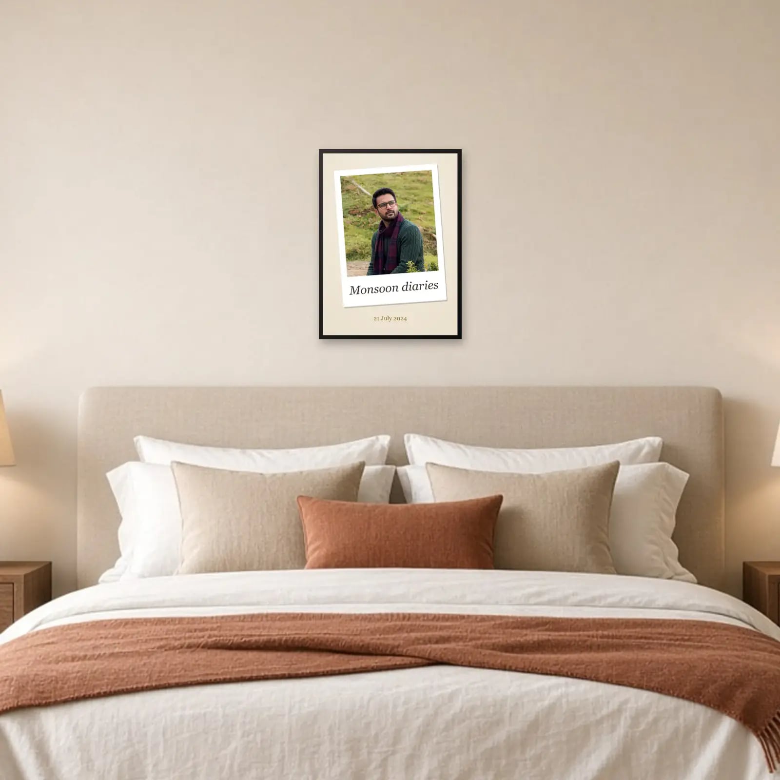 Tilted Polaroid Photo Frame above a bed