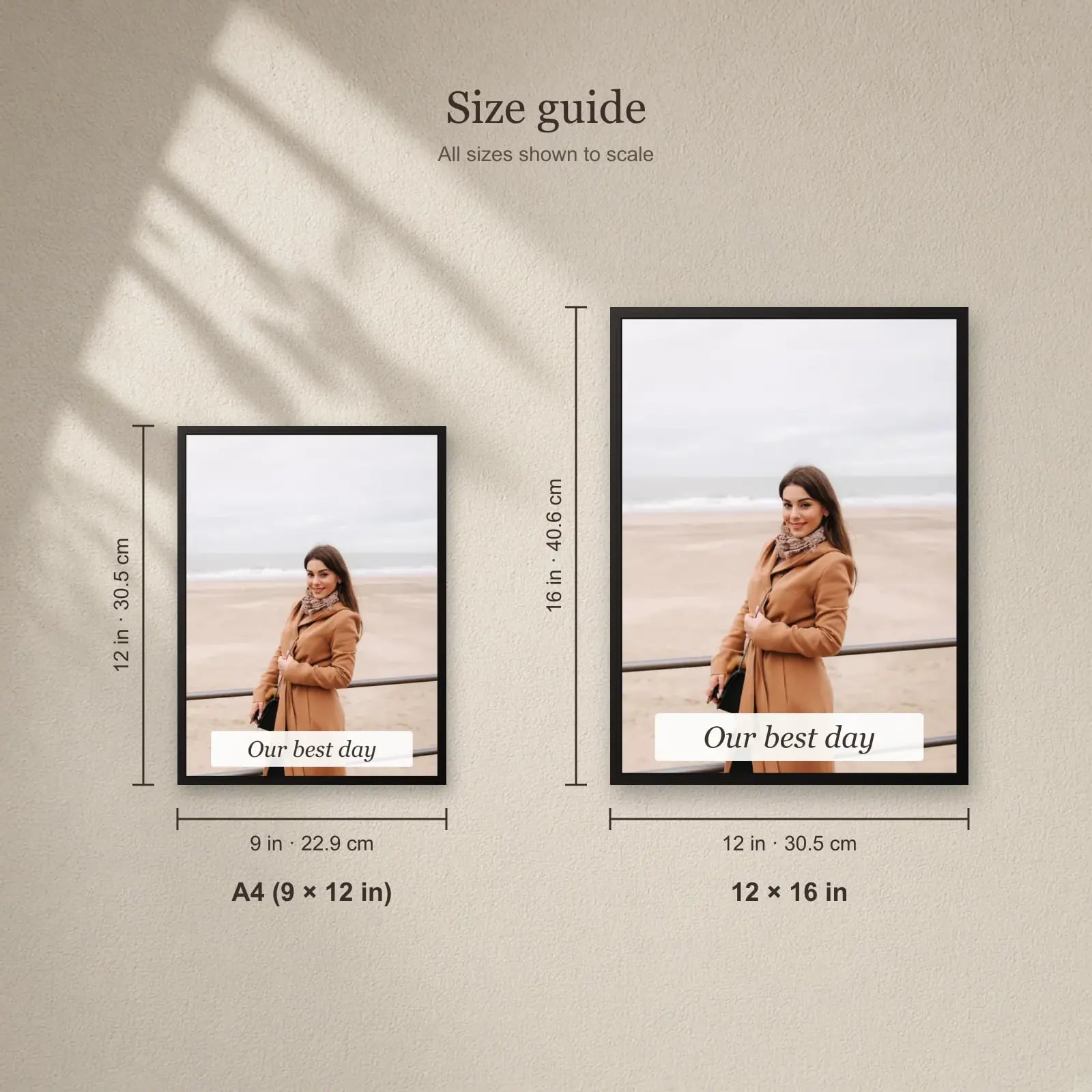Single Photo Frame with Caption Card size guide: A4 (9 × 12 in), 12 × 16 in