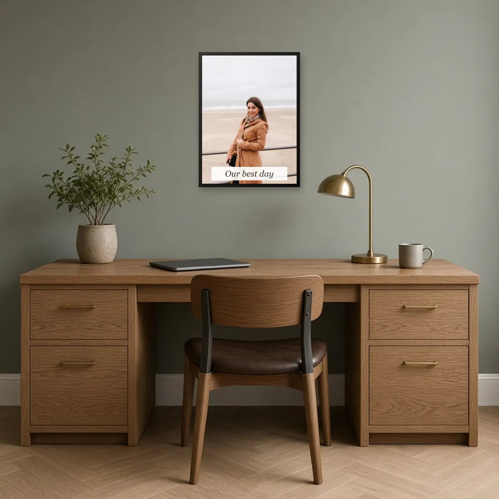 Single Photo Frame with Caption Card above a desk