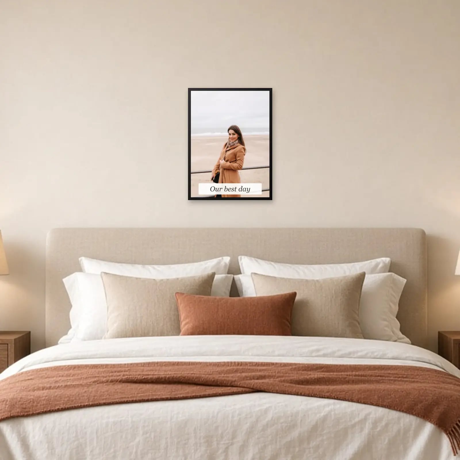 Single Photo Frame with Caption Card above a bed