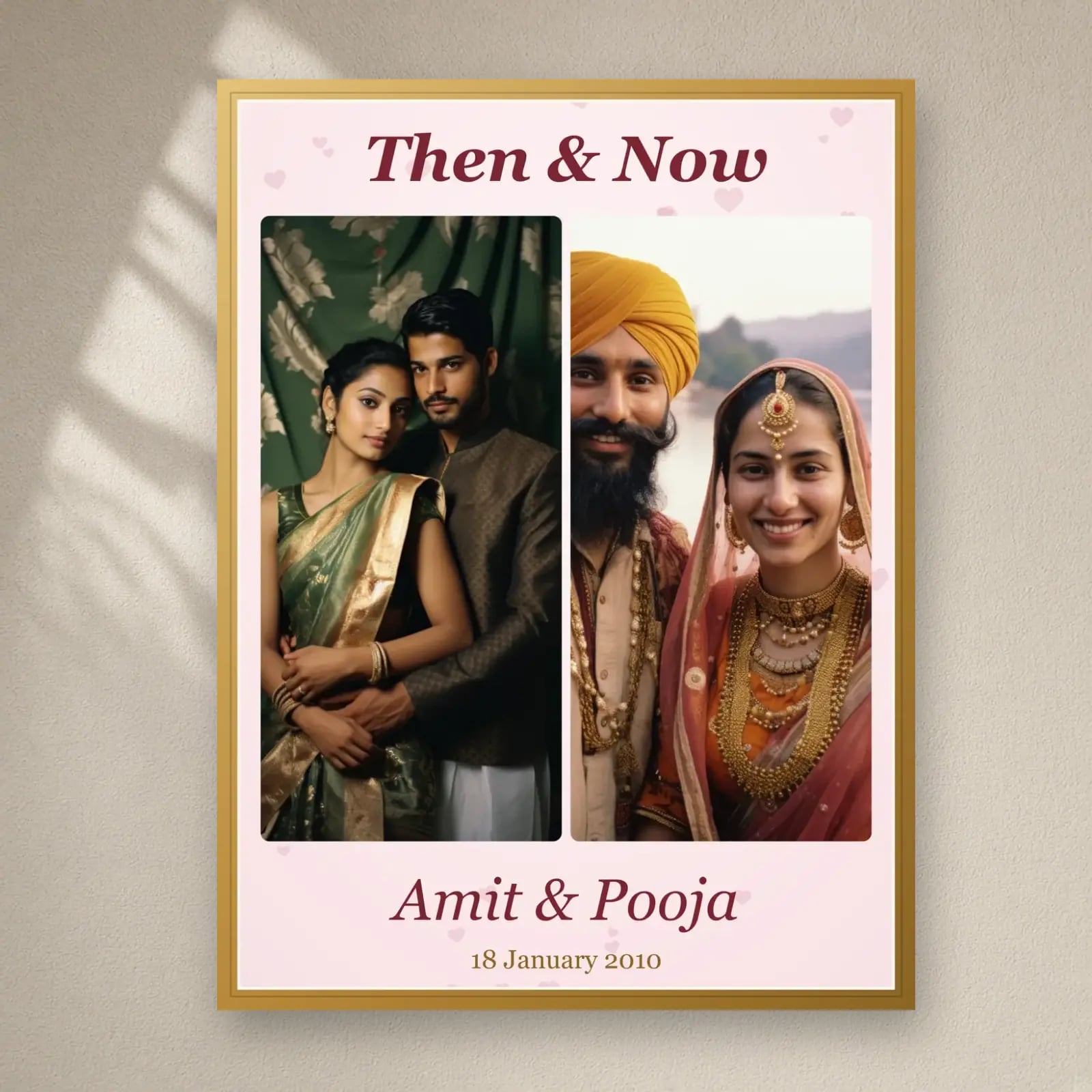 Then & Now Anniversary Frame on a plain wall