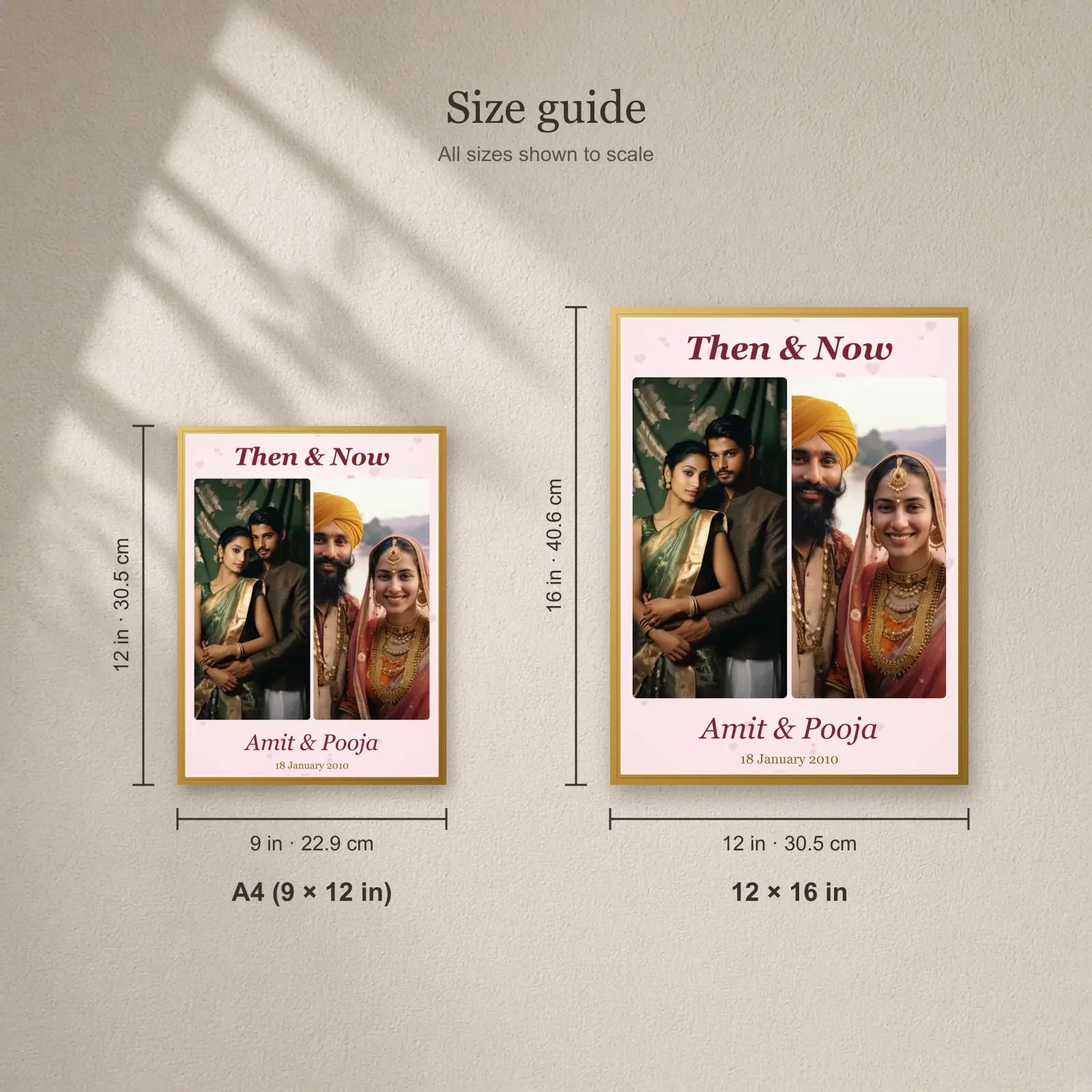 Then & Now Anniversary Frame size guide: A4 (9 × 12 in), 12 × 16 in