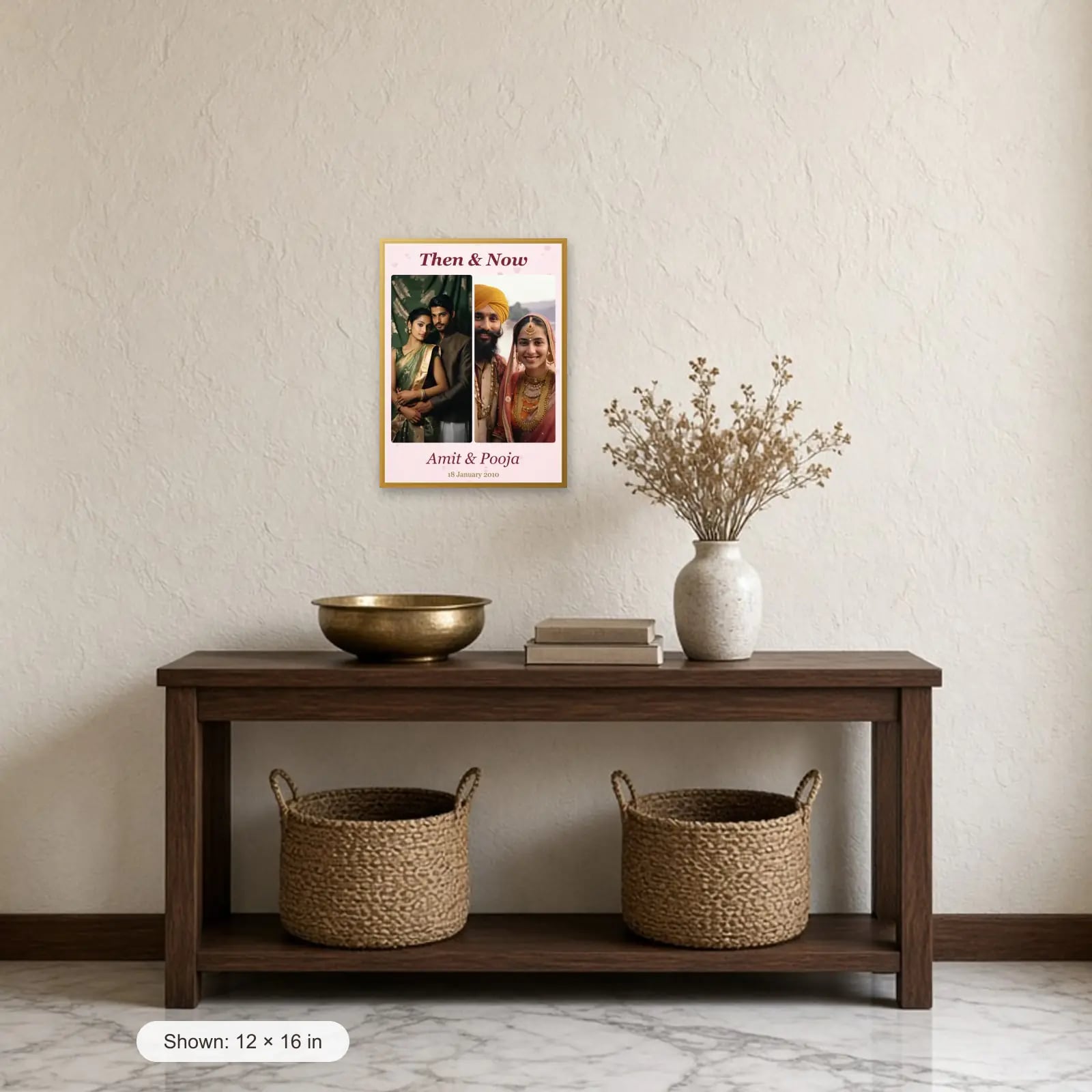 Then & Now Anniversary Frame above a console table