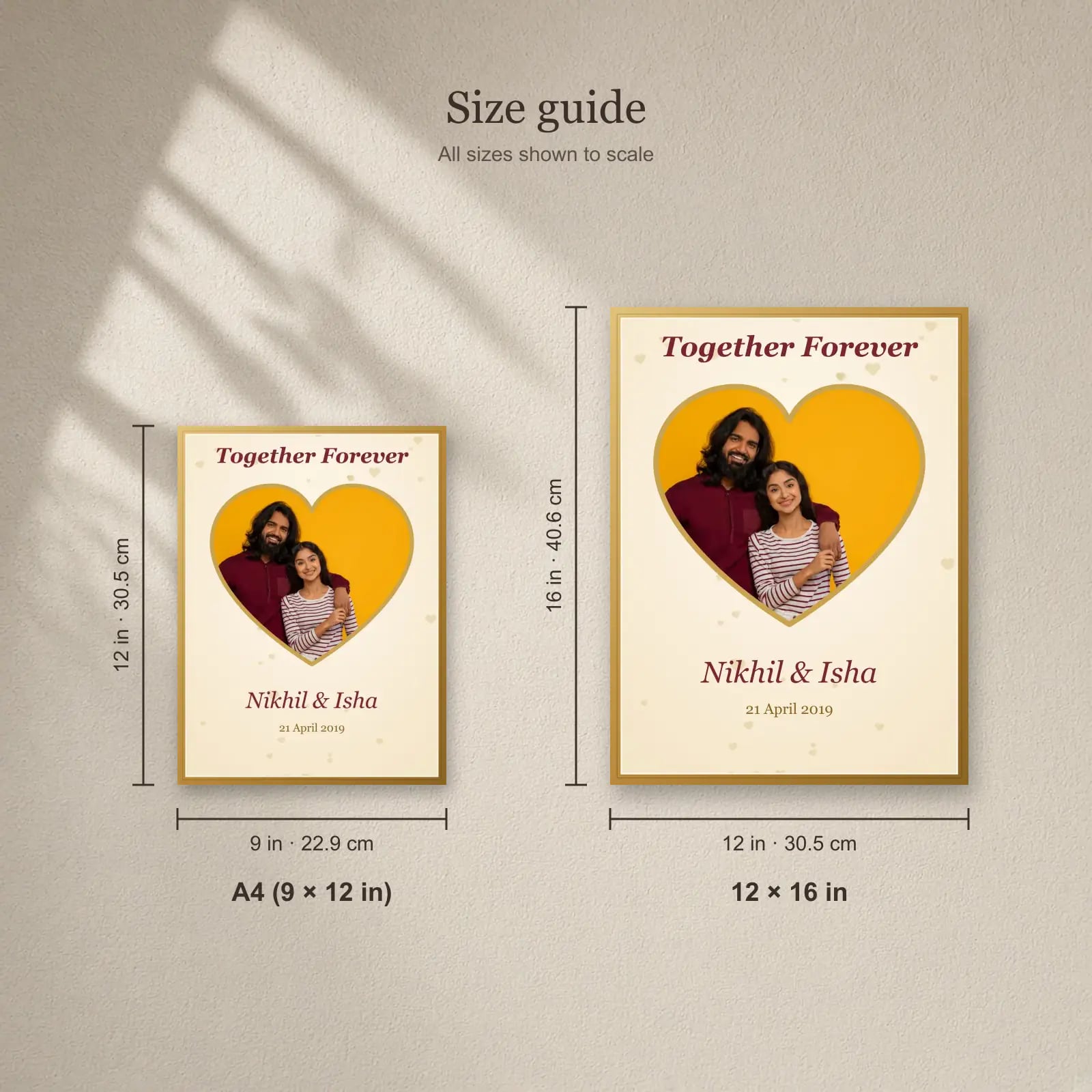 Together Forever Heart Frame size guide: A4 (9 × 12 in), 12 × 16 in