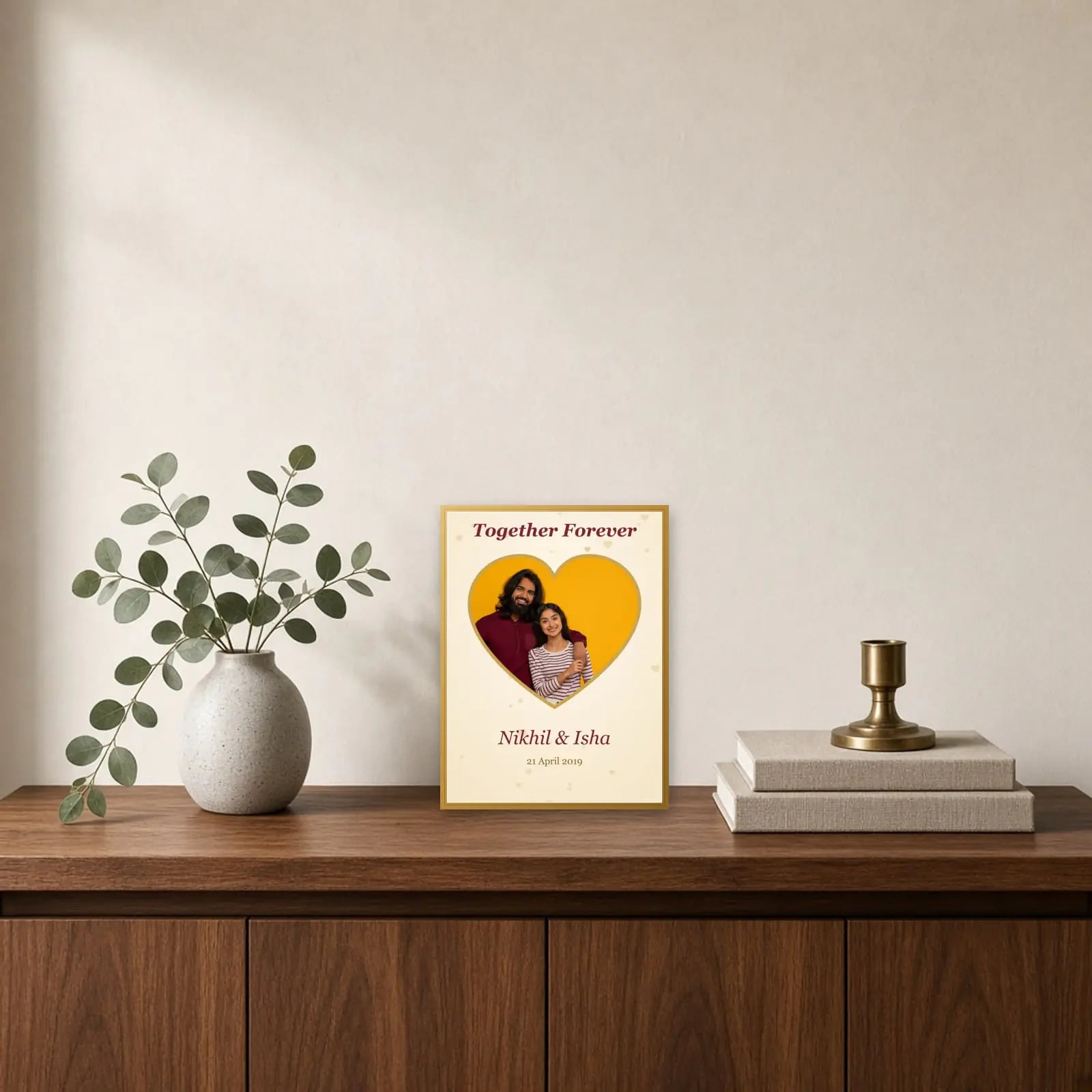 Together Forever Heart Frame standing on a sideboard